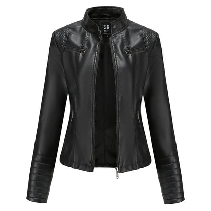 Women's Slim Leather Jacket, Stand-up Collar, Zipper Stitching, Monochromatic Coat, Fashion Clothing, New