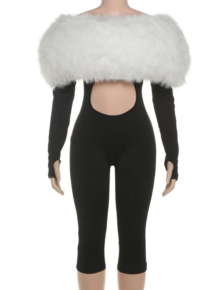 Nibber Furry Patchwork Jumpsuit Woman Slash Neck Sexy Hollow Full Sleeve Backless Slim Peach Hip Hottie Street Fashion Overalls