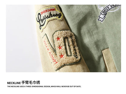 Hip Hop Men's Suede Embroidered Varsity Jacket Color Block Letter Graphic Long Sleeve Baseball Jacket Bomber Coat