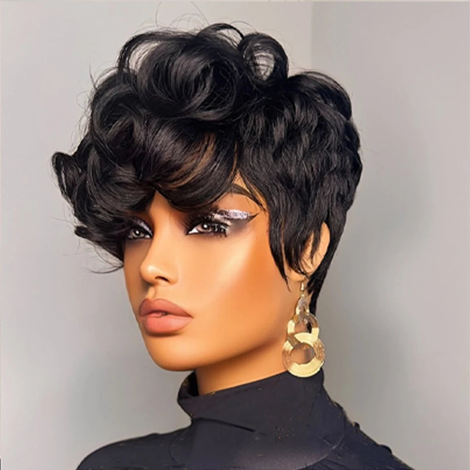 1B# Pixie Cut Human Hair Wig for Women 6" Layered Short Loose Curly with Bangs 180% Density Remy Brazilian Hair Machine Made Cap