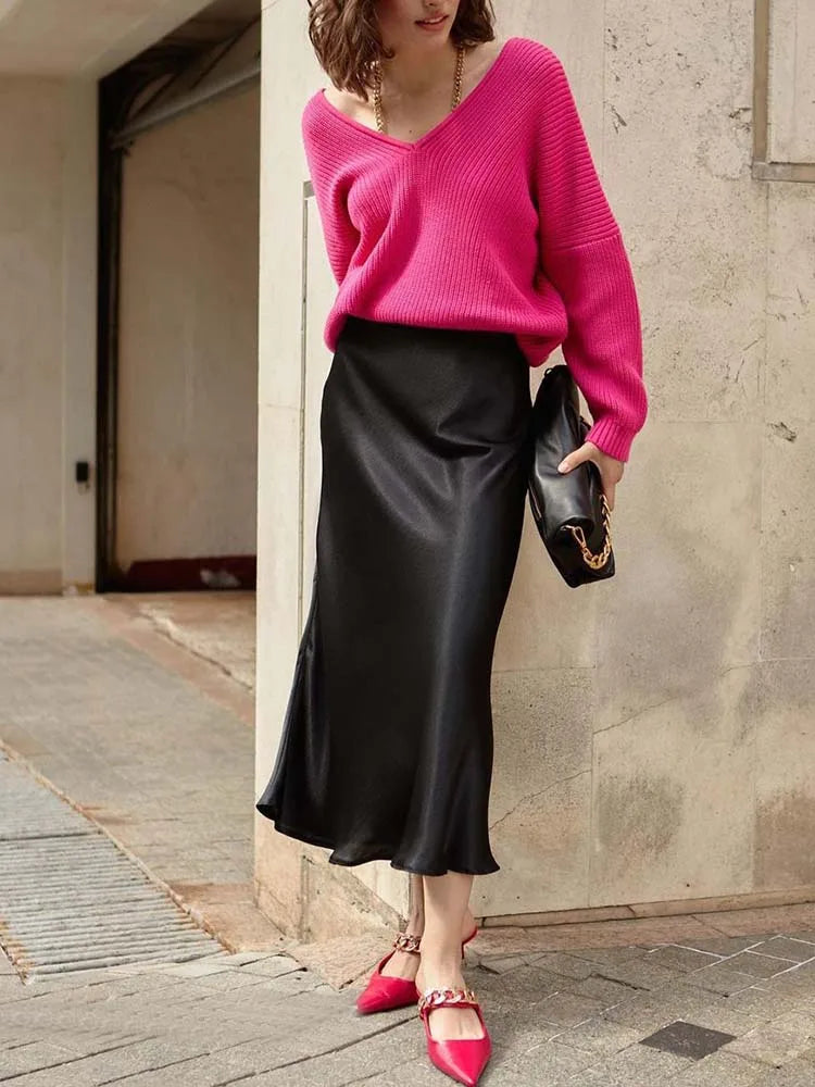 Women's Satin Skirt High Waist Elegant Midi A-line Skirt Lady's Summer Solid Champagne Vintage Silk Long Skirts for Women 2026