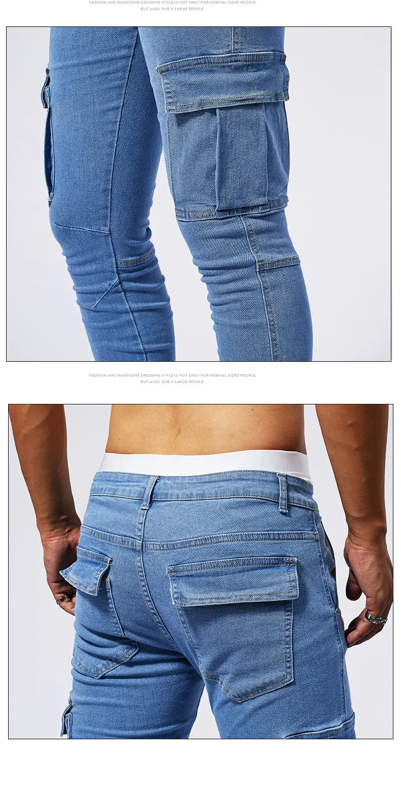 Street Elastic Jeans Men Denim Cargo Pants Wash Solid Color Multi Pockets Casual Mid Waist Trousers Slim Fit Daily Wear Joggers