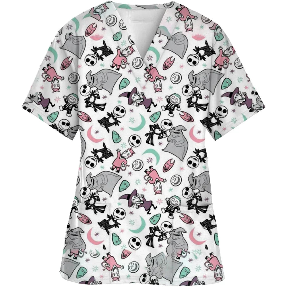 Women Short-Sleeved V-Neck Nurse Top Halloween Women's Fashion Casual Printing Top Protective Work Suit Medical Working Uniform