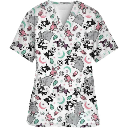 Women Short-Sleeved V-Neck Nurse Top Halloween Women's Fashion Casual Printing Top Protective Work Suit Medical Working Uniform