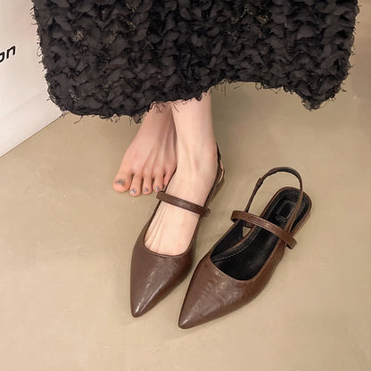 New Women Baotou Patent Leather One Line Buckle Strap Cat Heel Sandals Female Sexy Black Silk Pointed Thin Heel Flat Shoes