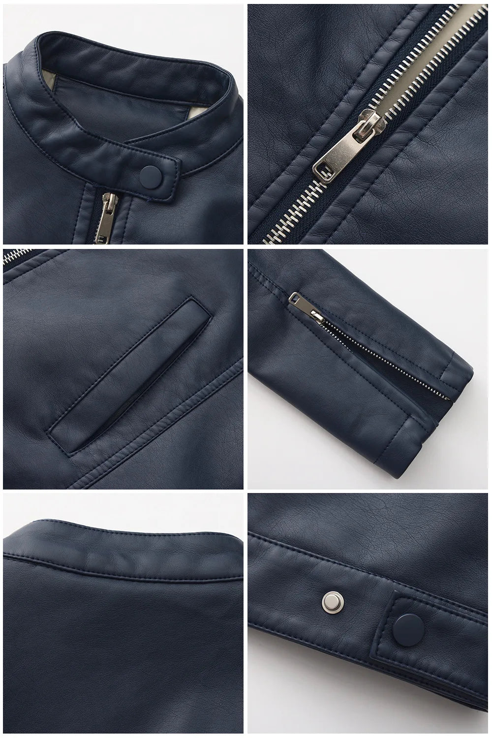 Black Women's Fitted Leather Jacket with Front Zipper & Side Pockets‌, Available in Brown, Navy Blue, and Beige.