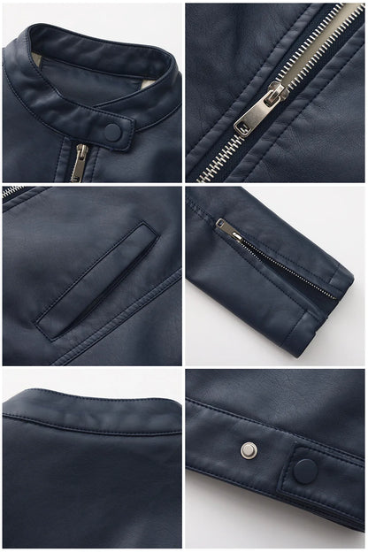 Black Women's Fitted Leather Jacket with Front Zipper & Side Pockets‌, Available in Brown, Navy Blue, and Beige.