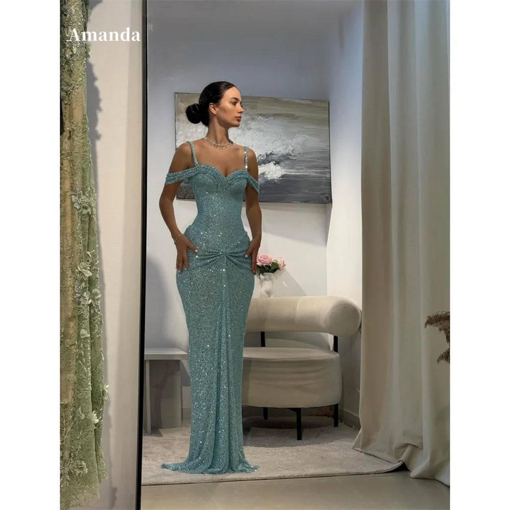 Amanda Customized  Shiny Blue Sheath Sleeveless Prom Dress Off The Shoulder Pleats vestidos de noche Floor-Length Formal Evening