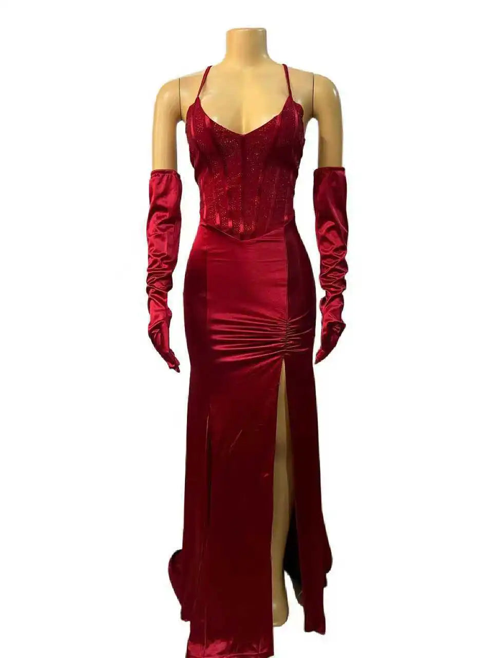 Women Sexy V-neck Lace Up Halter Backless Bodycon Birthday Dress Diamonds Corset Floor-length Evening Party Dresses with Gloves