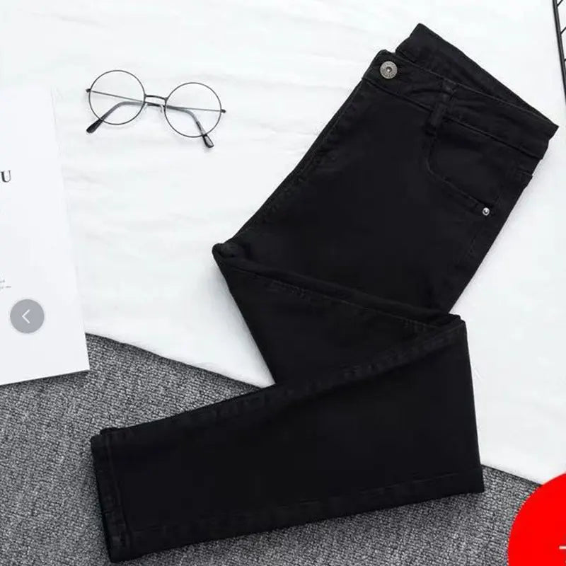 Women's Casual Simplicity Solid Color High Waist Ninth Pants Women Clothes Office Lady All-match Fashionable Jeans Trouser