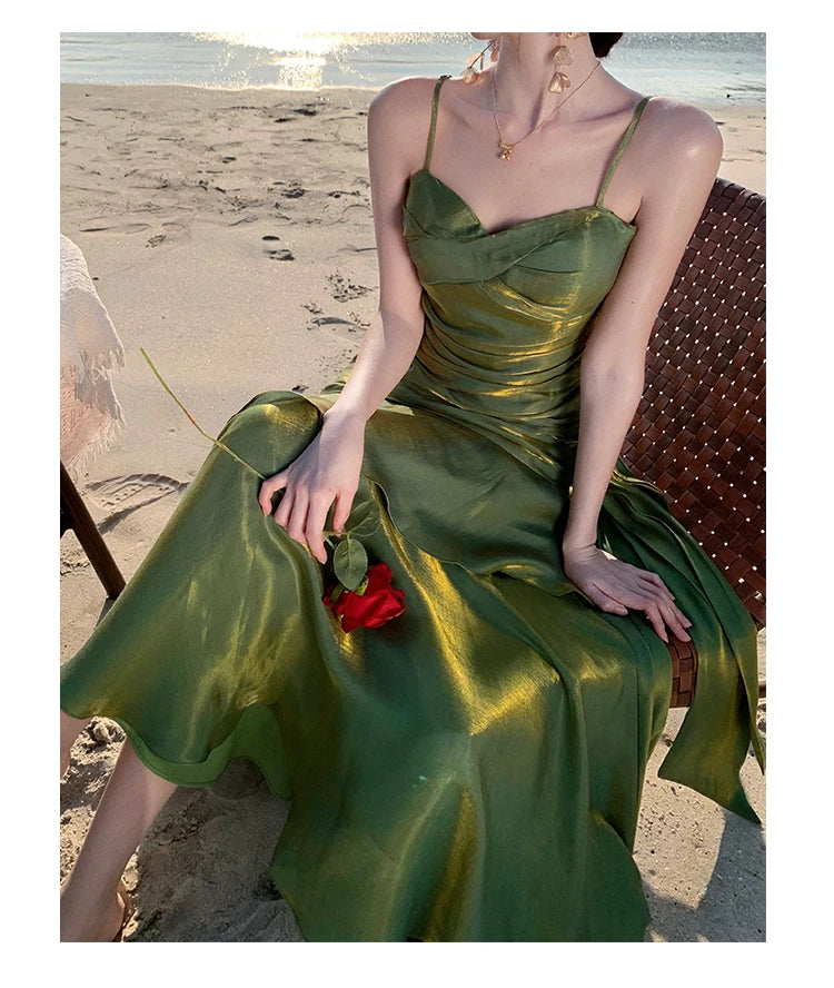 Sexy Solid Spaghetti Strap Sleeveless Evening Dresses Elegant Ruffles Party Long Dress For Women Summer Slim Beach New Vestidos