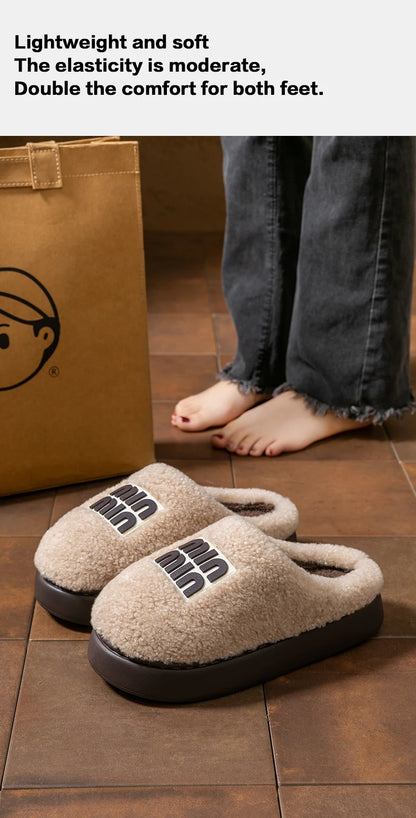 New plush cotton slippers for women, autumn and winter indoor thick sole with plush anti slip slippers, thickened cotton slipper
