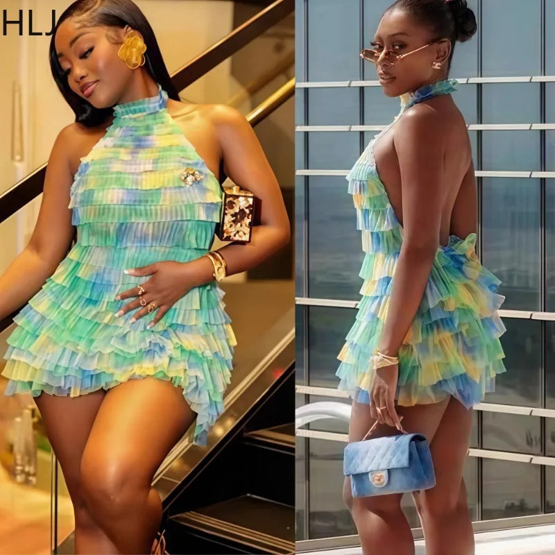 HLJ Sexy Mesh Ruched Patchwork Bodycon Dresses Women Cake Gradient Halter Backless Dress Female Streetwear Vestidos Summer New