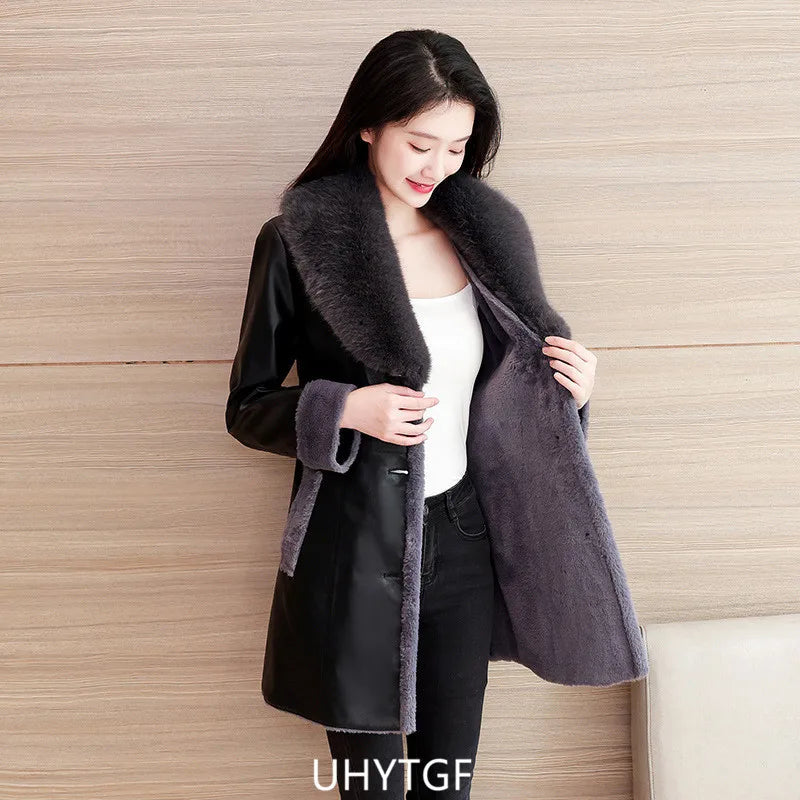 Winter Leather Jacket Women's Fashion Fur Collar Black Casual Warm Coat Female Quality PU Leather Overcoat Ladies