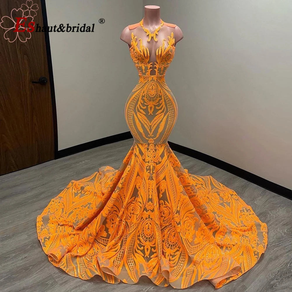 Elegant Mermaid Sequin Prom Party Dresses for Women 2025 O-neck Sleeveless African Long Formal Wedding Evening Gowns Customized