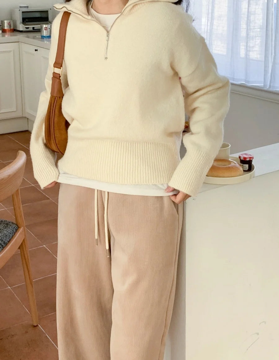 Women's Casual Loose Knitted Sweater Autumn Winter Chic Design Versatile f Zipper Stand Collar  Color Top