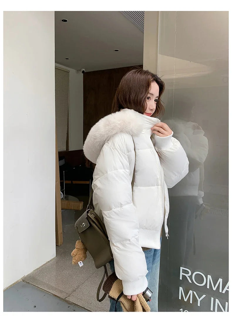 Casual Warm Fur Hooded Cropped Parkas Chic Streetwear Korean Style Down Cotton Coat Thicken Short Women's Winter 2025 Jacket