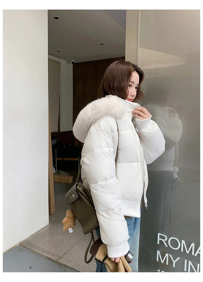 Casual Warm Fur Hooded Cropped Parkas Chic Streetwear Korean Style Down Cotton Coat Thicken Short Women's Winter 2025 Jacket