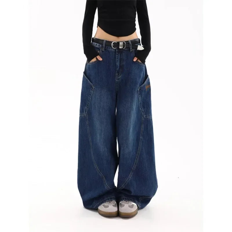 American Retro Knife Pocket Wide Leg Jeans Women's Spring Autumn Style Hot Girl High Street Design Loose Floor-Length Pants