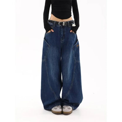 American Retro Knife Pocket Wide Leg Jeans Women's Spring Autumn Style Hot Girl High Street Design Loose Floor-Length Pants