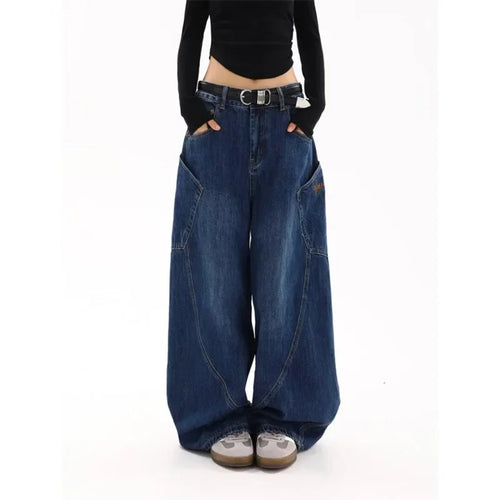 American Retro Knife Pocket Wide Leg Jeans Women's Spring Autumn Style Hot Girl High Street Design Loose Floor-Length Pants