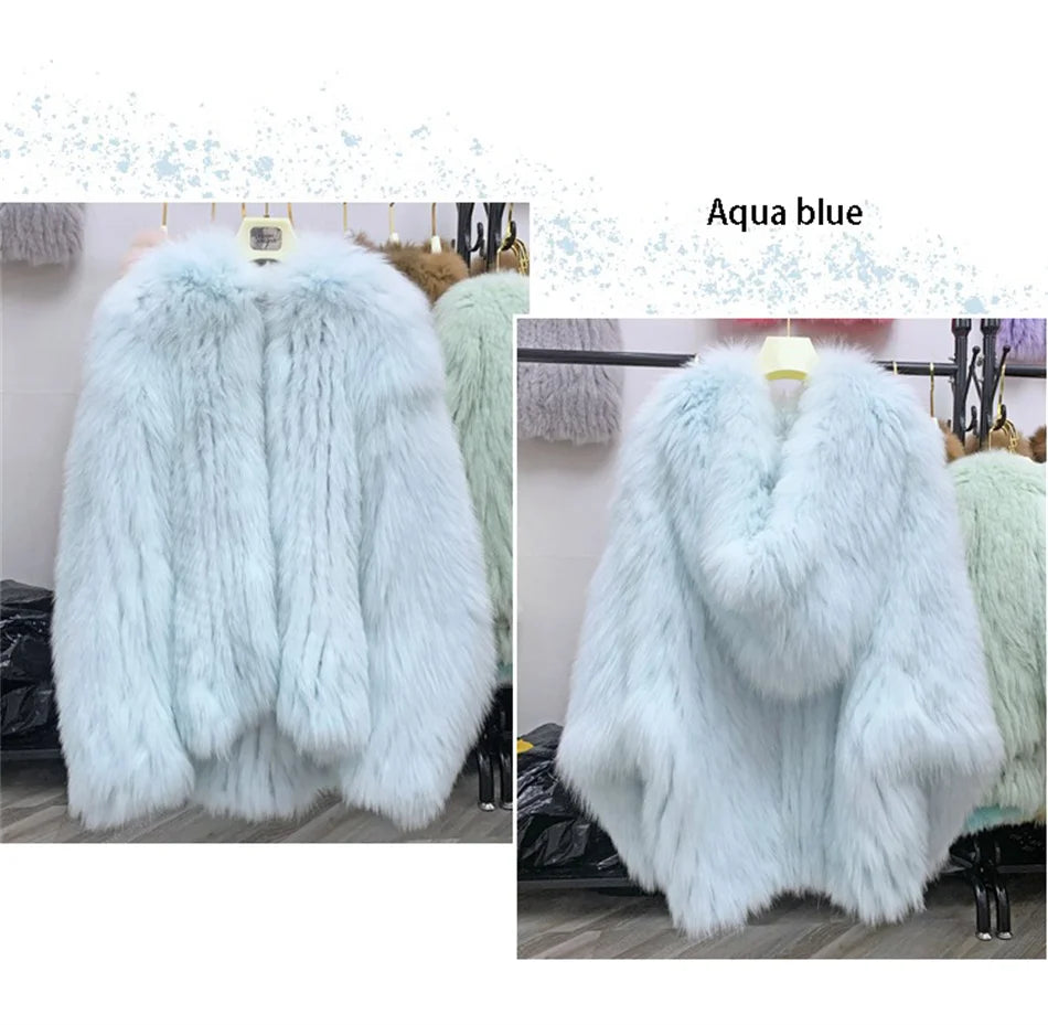 Fox Fur Coat Women's Winter Fashion Warm 100% Fox Fur Coat Hooded Long Sleeved Sweet Women's Luxury Designer Coat