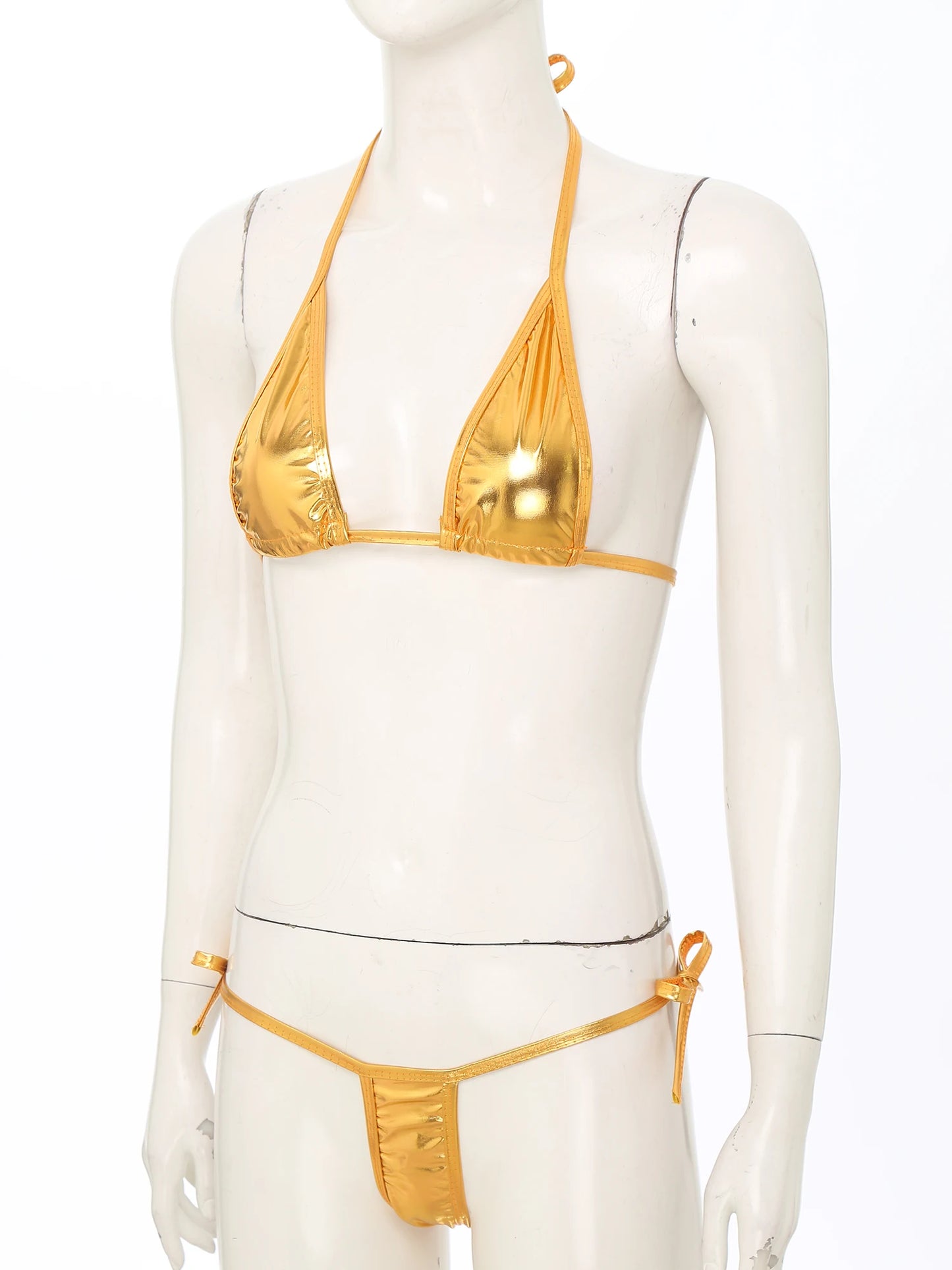 Womens Brazilian Micro Bikini Swimsuit Biquini Set Lacing Non-Padded Triangle Cup Bra Top with G-String Metallic Shiny Swimwear