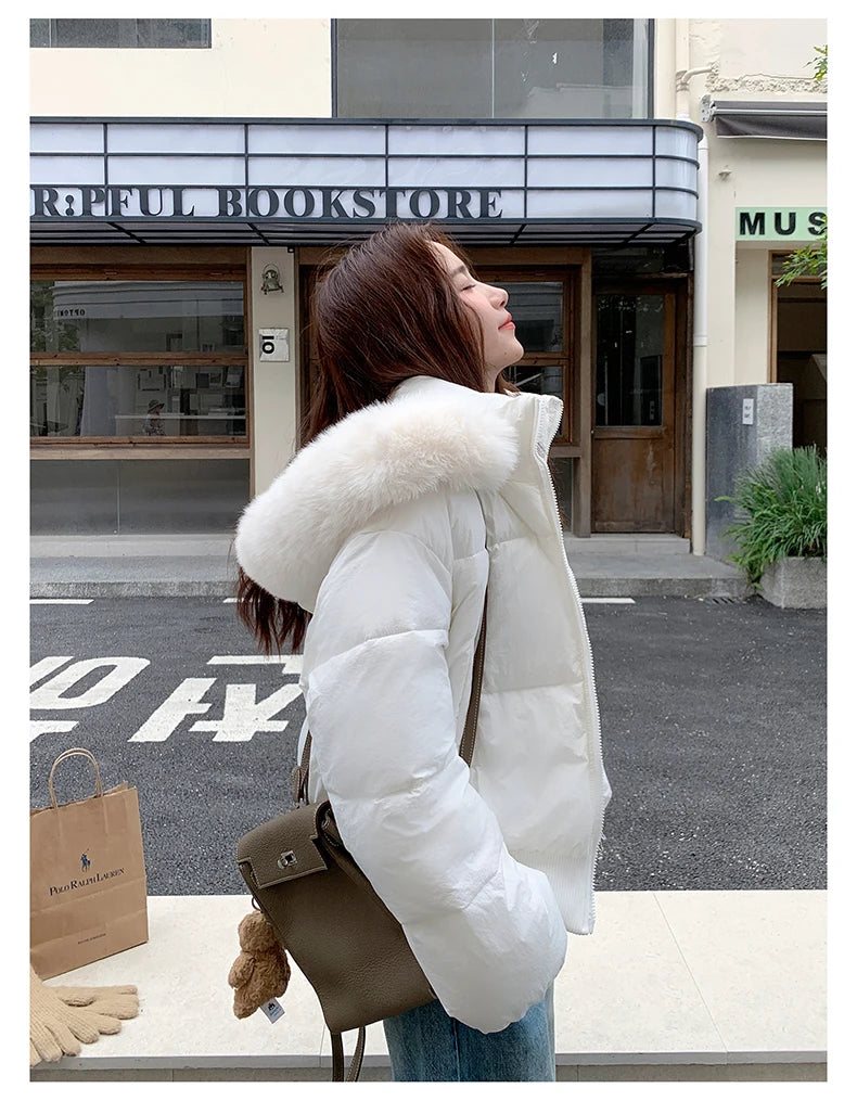 Casual Warm Fur Hooded Cropped Parkas Chic Streetwear Korean Style Down Cotton Coat Thicken Short Women's Winter 2025 Jacket