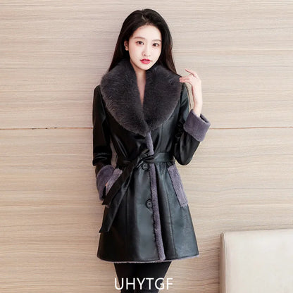 Winter Leather Jacket Women's Fashion Fur Collar Black Casual Warm Coat Female Quality PU Leather Overcoat Ladies
