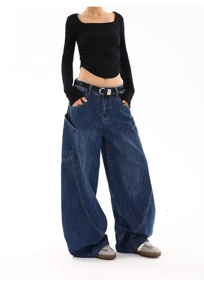 American Retro Knife Pocket Wide Leg Jeans Women's Spring Autumn Style Hot Girl High Street Design Loose Floor-Length Pants