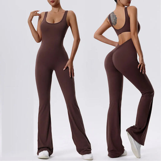 V Back Scrunch Gym Set Women Sport One-Piece Suit Yoga Suit Flared Pants Women Sports Jumpsuit Fitness Rompers Workout Bodysuits