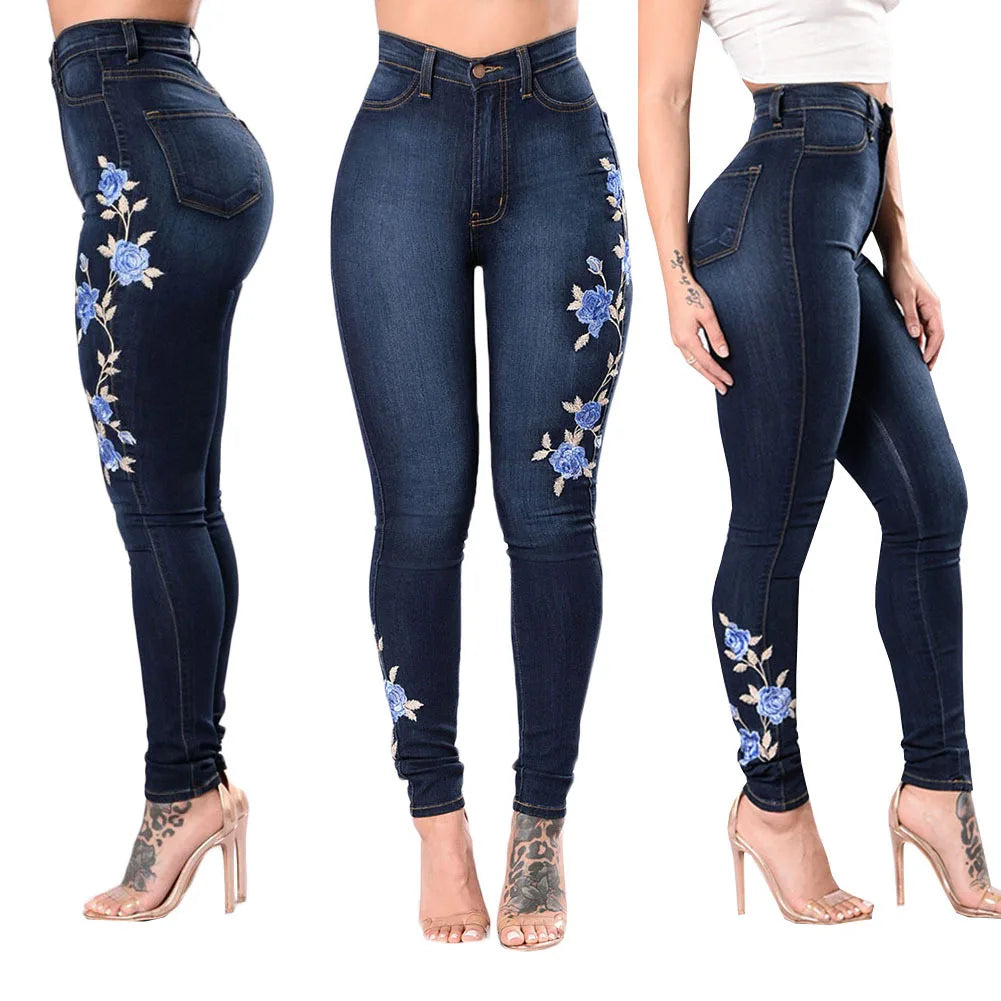 New Women's High Waist Embroidered Jeans Fashion Slim Stretch Denim Pencil Pants Street Trendy Trousers S-3XL Drop Shipping