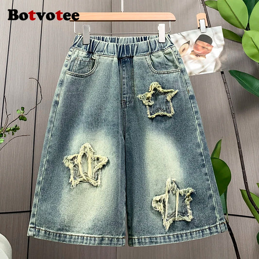 Botvotee Y2k Fashion Vintage Star Summer Denim Short Jeans for Women High Waisted Wide Leg M-3XL Blue Shorts Streetwear Jeans