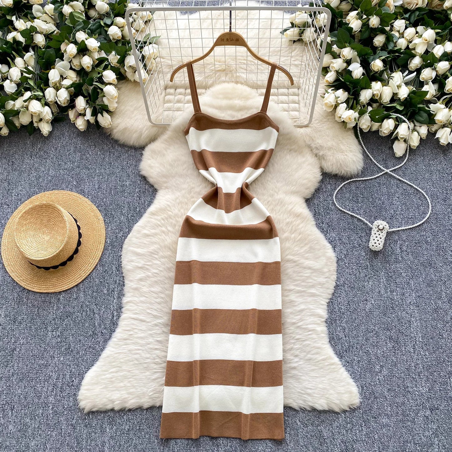 Lady New Stripes Ins Fashion Sexy Package Hips Bodycon Dress  Summer Knitted Spaghetti Straps Outfits Maxi Long Women Dress