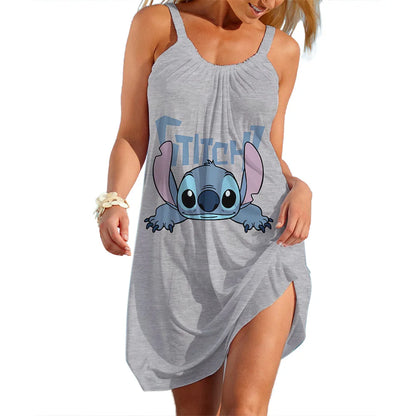 New Summer Girls Disney Stitch Women Fashion Sling Dress Women Sexy Loose Seaside Beach Clothing Cool Sleeveless Dress Quick Dry