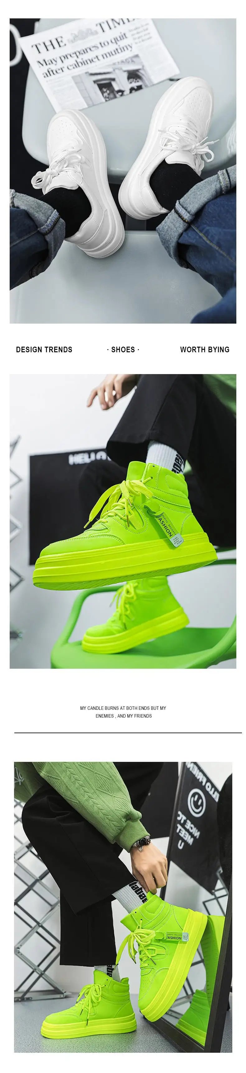 New Autumn/Winter Men's Casual Sneakers 12cm Increased Height 10cm Thick Sole White Shoes High Top Rubber Base Male Footwear