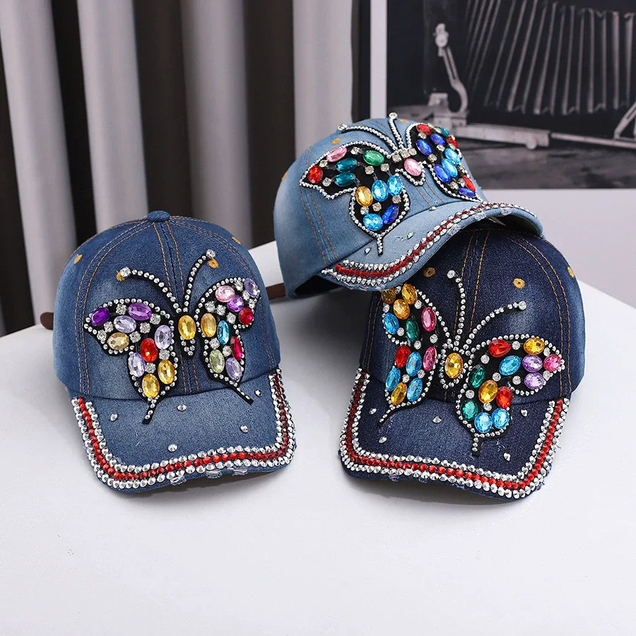 Fashionable And Versatile Outdoor Casual Baseball Cap With Colorful Diamond Inlay, Trendy Butterfly, Middle-Aged Duckbill Cap