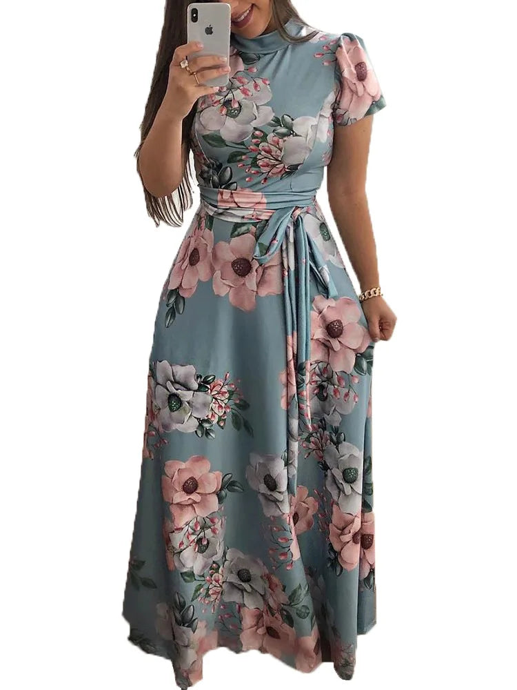 Women's Slim Dresses Casual Long Sleeve Round Neck Flower Printed Dress Strap Floor-Length Long Skirt Women's Clothing
