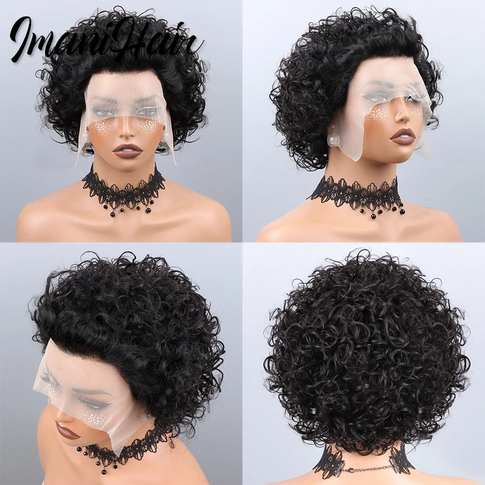 Short Curly Pixie Cut Lace Front Wigs 6 inch, 13X1 Human Hair HD Lace Front Wigs Plucked for Black Women 6 Inch, Natural Black
