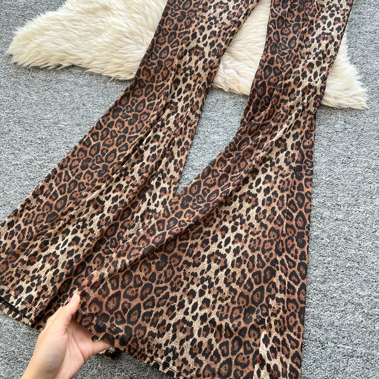SINGREINY 2025 & 2026 Newest Leopard 2pcs Suits Women Sexy Strap Tops+Elastic Waist Flared Pants American Ins Fashion Hotsweet Sets