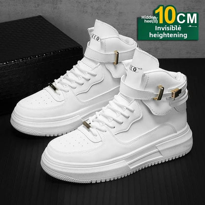New Autumn/Winter Men's Casual Sneakers 12cm Increased Height 10cm Thick Sole White Shoes High Top Rubber Base Male Footwear