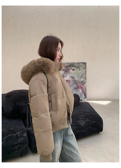 Casual Warm Fur Hooded Cropped Parkas Chic Streetwear Korean Style Down Cotton Coat Thicken Short Women's Winter 2025 Jacket