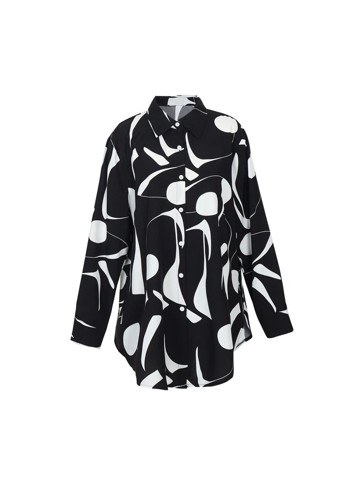 Plus Size Long Sleeve Fashion Shirt Black and White Splicing Colour Block Shirt Collar Casual Commuter 2025 New