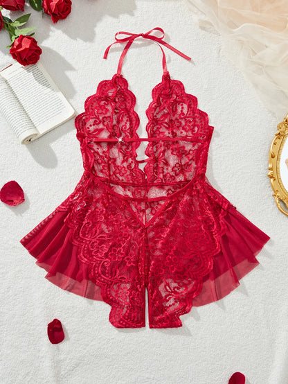 Plus Size 4XL Erotic Backless Deep V Sexy Lingerie Transparent Floral Lace Women Night Dress Teddy Babydoll Crotchless Underwear