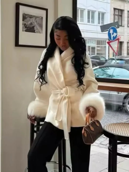 Elegant Lace Up Woolen Short Coat Solid Loose Lapel Furry Belt Long Sleeve Jacket Female 2025 Autumn Winter Lady Chic Cardigan