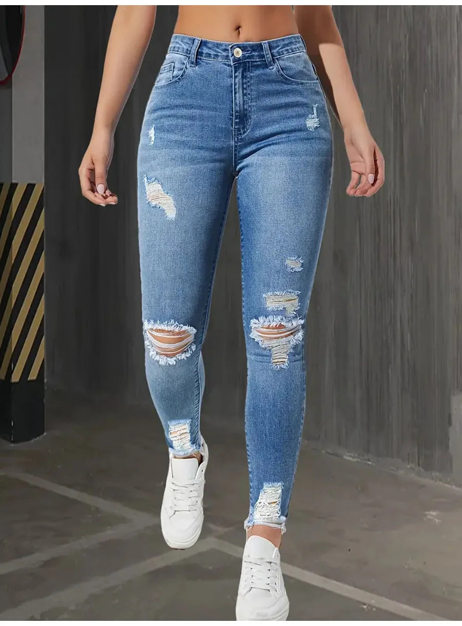 Fashion Skinny Hole Jeans Women 2026 Autumn Stretchy High Waisted Ripped Slim Retro Solid Color Denim Trousers Pants