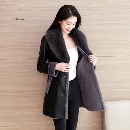 Winter Leather Jacket Women's Fashion Fur Collar Black Casual Warm Coat Female Quality PU Leather Overcoat Ladies