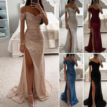 2025 Elegant Off-shoulder Gown Dress V-Neck Sequin Pleated Short Sleeve Waist Tight Maxi Dress Split Evening Party Prom Dress