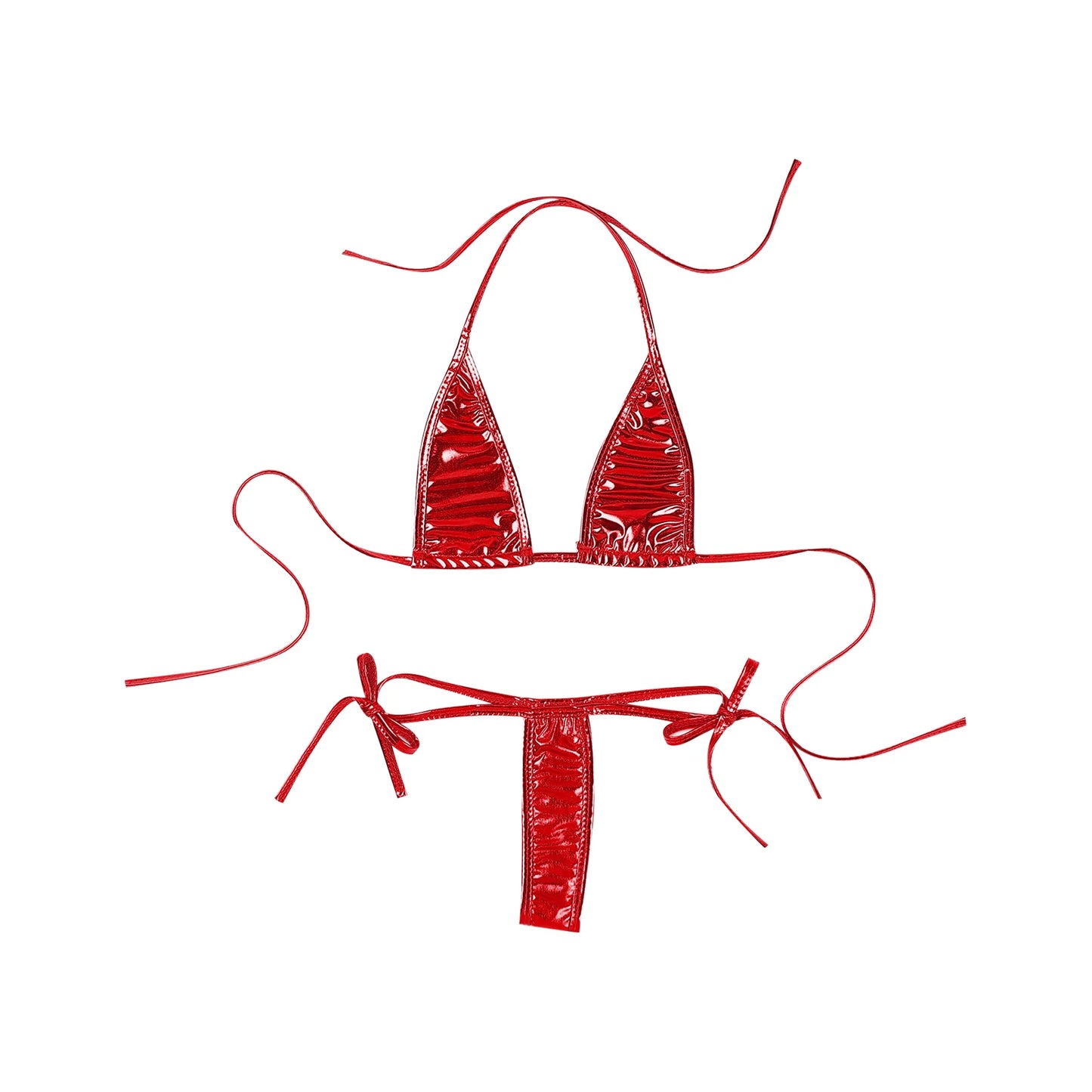 Womens Brazilian Micro Bikini Swimsuit Biquini Set Lacing Non-Padded Triangle Cup Bra Top with G-String Metallic Shiny Swimwear