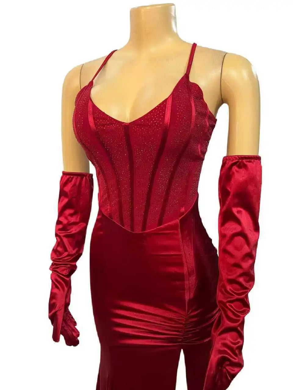 Women Sexy V-neck Lace Up Halter Backless Bodycon Birthday Dress Diamonds Corset Floor-length Evening Party Dresses with Gloves